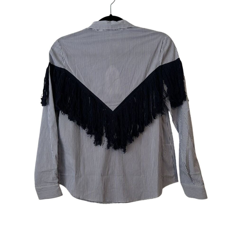 NWT English Factory Blue White Pinstripe Long Sleeve Button Up Shirt Fringe -XS - Picture 2 of 10